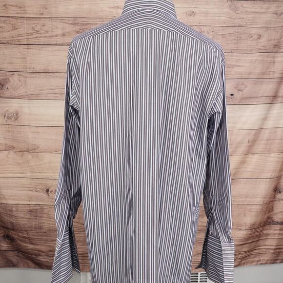 Thomas Pink Shirt Mens 16.5 Brown Blue Stripe French Cuff Jermyn Street Made UK - Picture 6 of 9